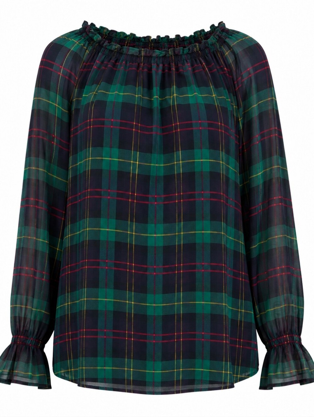 TALBOTS‎ | Green Navy Tartan Plaid Smocked Peasant Popover Blouse | XL Petite